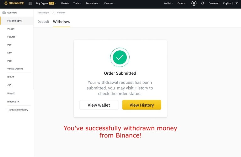 Заказ отправлен на Binance