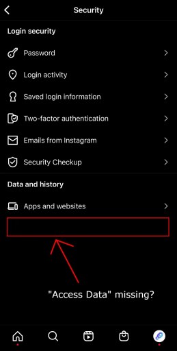 Данные доступа не отображаются в Instagram