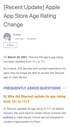 Изменение возрастного рейтинга Discord в Apple App Store