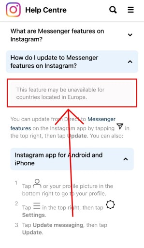 Обновление Instagram Messenger не отображается