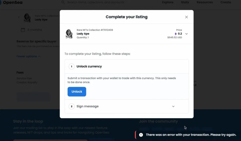 Произошла ошибка с вашей транзакцией OpenSea