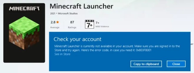 Minecraft Launcher в настоящее время недоступен в вашей учетной записи.  Убедитесь, что вы вошли в Магазин, и повторите попытку. 