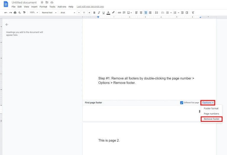 Удалить нижний колонтитул в Google Docs