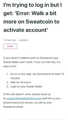 Ошибка: Пройдите еще немного по Sweatcoin, чтобы активировать учетную запись